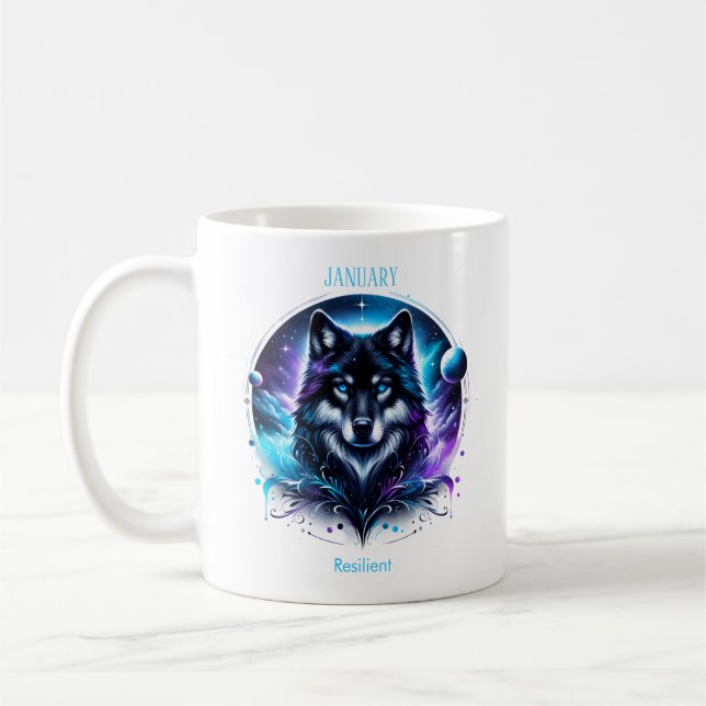 Taza De Café Mes de Nacimiento de Enero Espíritu Lobo Animal (Izquierda)
