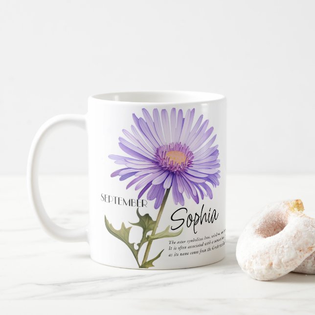 Taza De Café Mes de nacimiento flor de septiembre personalizado (Con donut)