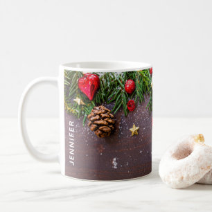 Taza De Café Mesa de Navidad rústica con pino y nieve