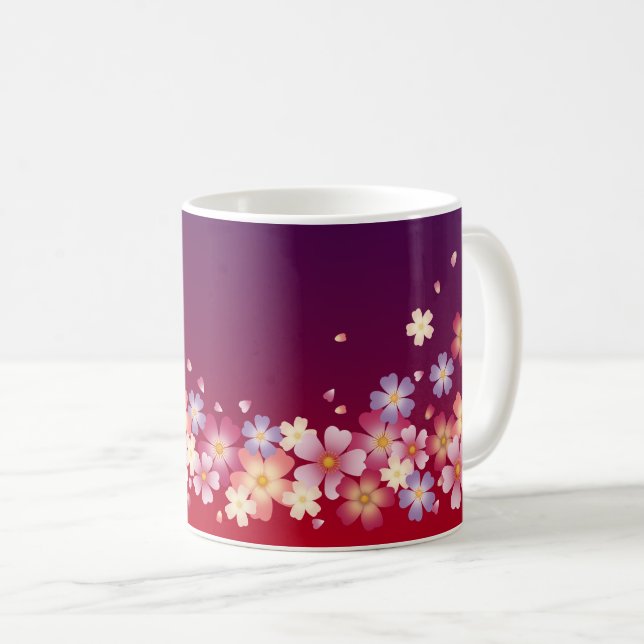 Taza De Café Mezcla Sakura Flores Kimono Estilo Rojo y Púrpura (Anverso derecho)