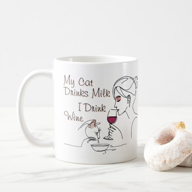 Taza De Café Mi gato bebe leche y bebo vino (Con donut)