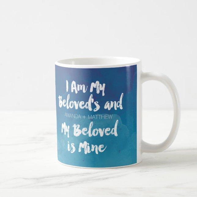 Taza De Café Mi querido es el mío acuarela azul personalizada (Derecha)