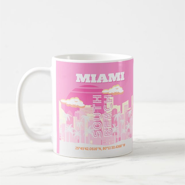 Taza De Café Miami Beach, Miami Travel Art, Preppy, Pink (Izquierda)