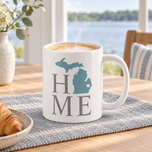Taza De Café Michigan Hogar Azul Gris Estado Corazón