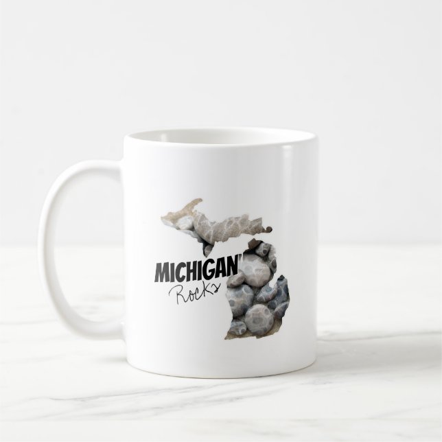 Taza De Café Michigan Silhouette Llena De Piedras De Petoskey (Izquierda)