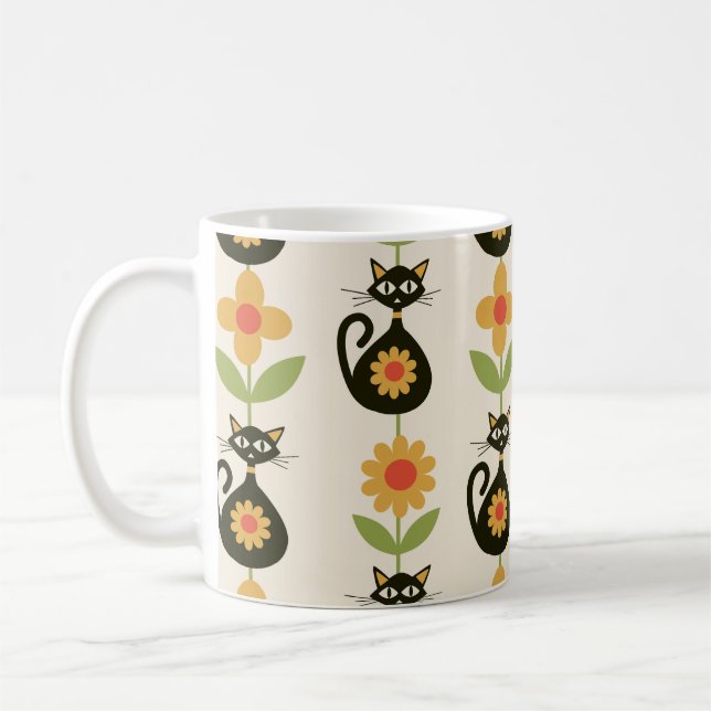 Taza De Café Mid Century Atomic Cats with Retro Orange flowers  (Izquierda)