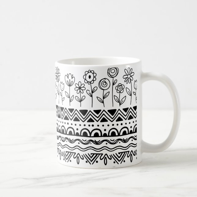 Taza De Café Minimal Floral Folk Pattern Mug – Boho Line Art  (Derecha)