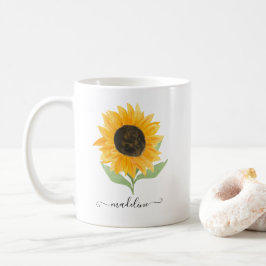 Taza De Café Minimal Rustic Sunflower Personalized Name Script