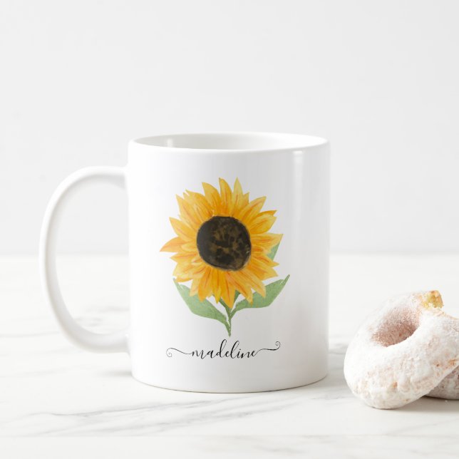 Taza De Café Minimal Rustic Sunflower Personalized Name Script (Con donut)