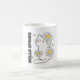 Taza De Café Minimalist Aesthetic Hello Spring Cat & Daisy 