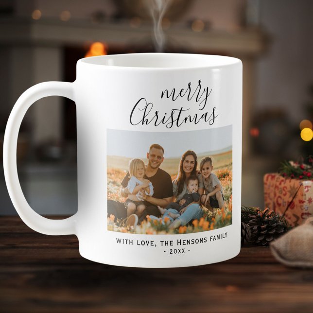 Taza De Café Mínimo Simple Merry Christmas Script Family Photo (Subido por el creador)
