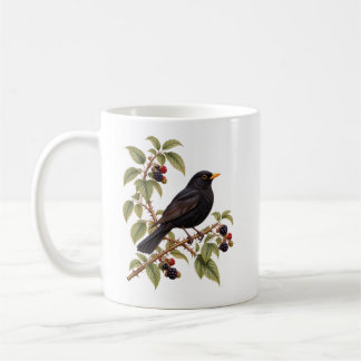 Taza De Café Mirlo Común en Rama de Zarza Botánico