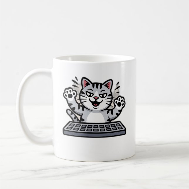 Taza De Café Mischievous Cartoon Cat at Keyboard (Izquierda)