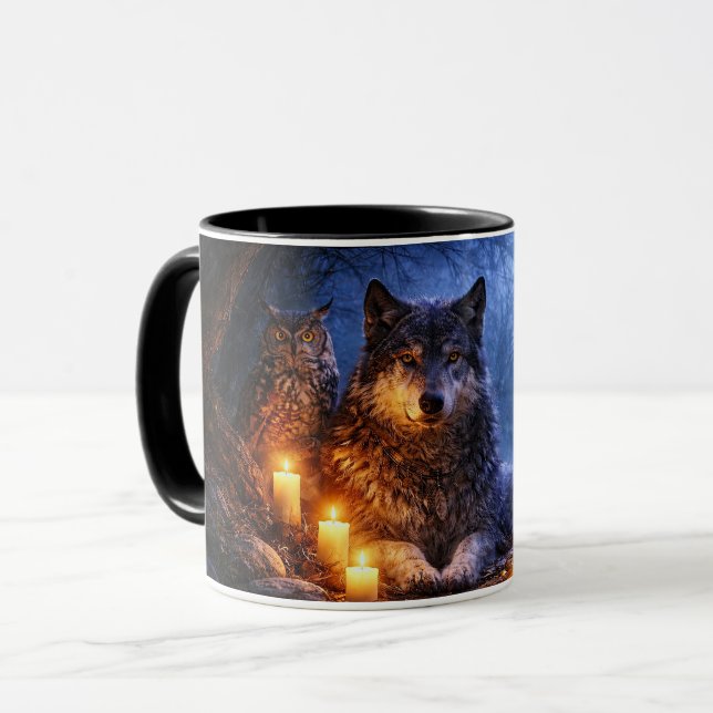 Taza de café mística de búho lobo cuervo (Anverso izquierdo)