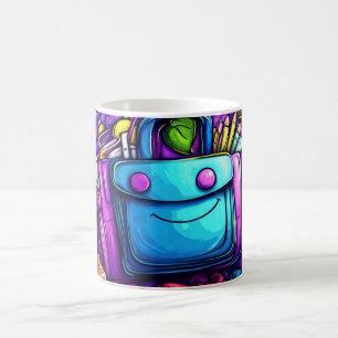 Taza De Café mochila azul rodeada de suministros escolares colo