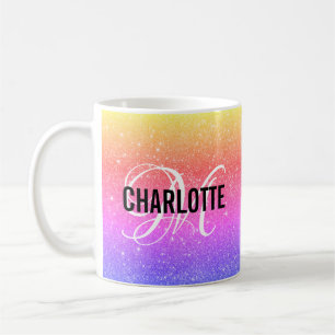 Taza De Café Moda arcoiris purpurina monograma nombre tazón de