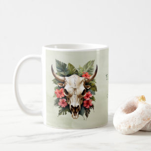Taza De Café Moda Boho Acuarela Floral Tropical Cow Skull