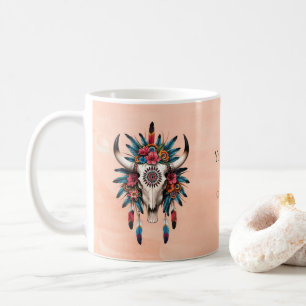 Taza De Café Moda Boho Acuarela Tribal Floral Cow Skull