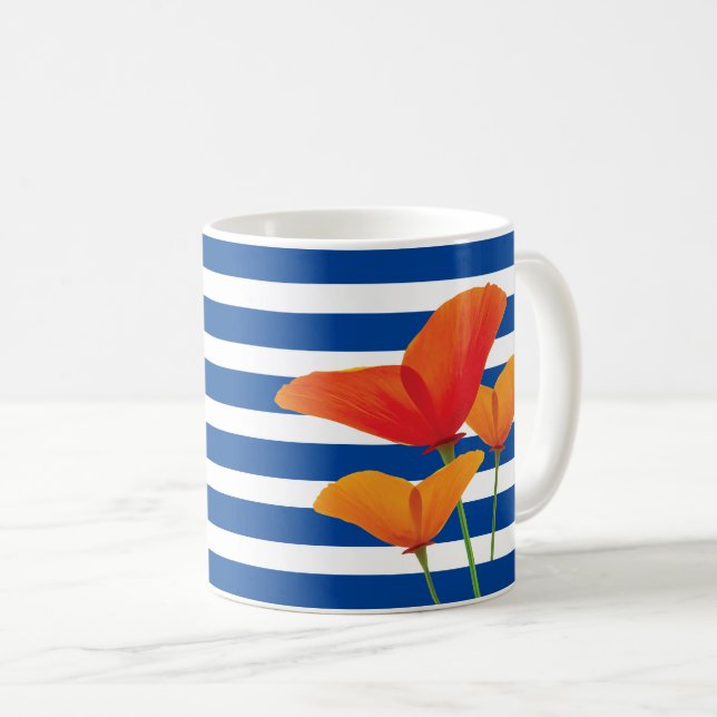 Taza De Café Moda de amapola Bandas Azules Monograma (Anverso derecho)