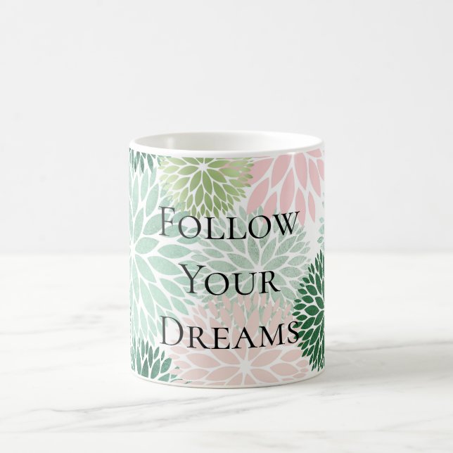 Taza De Café Moda elegante Flores verdes de tinta rosa (Centro)