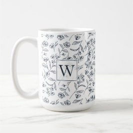 Taza De Café Moda elegante Monograma flor azul y blanca