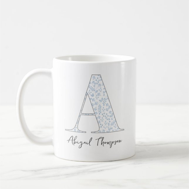 Taza De Café Moda elegante Monograma moderno Floral azul botáni (Izquierda)