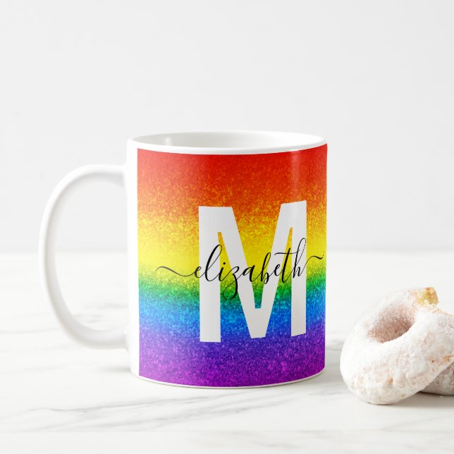 Taza De Café Moda Iris Purpurina Rayas Monograma Nombre (Con donut)