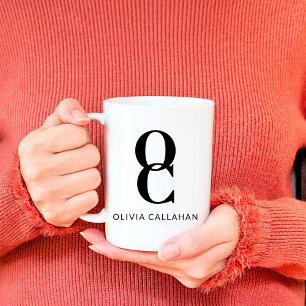 Taza De Café Moda Monograma Clásico Elegante Mínimo Blanco Negr