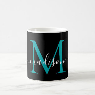 Taza De Café Moda Negro Verde azulado Monograma Verde Elegante