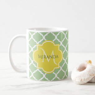 Taza De Café Moda Pastel Verde Quatrefoil Amarillo Nombre Monog