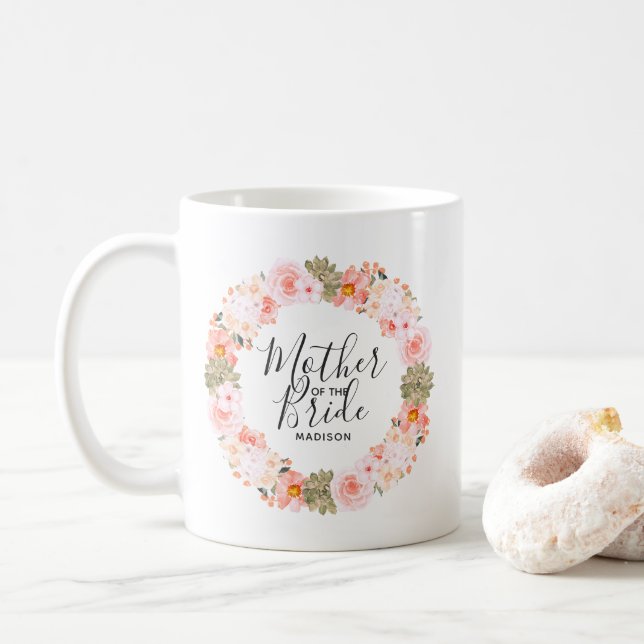 Taza De Café Moda Peach Mint Floral Wreath Madre de la novia (Con donut)