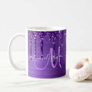 Taza De Café Moda Purpurina de goteo morado Pincel Monograma Me