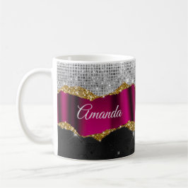 Taza De Café Moda purpurina falso de plata Fuchsia monograma ne