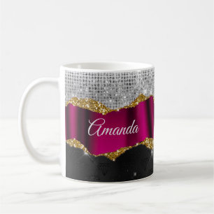 Taza De Café Moda purpurina falso de plata Fuchsia monograma ne