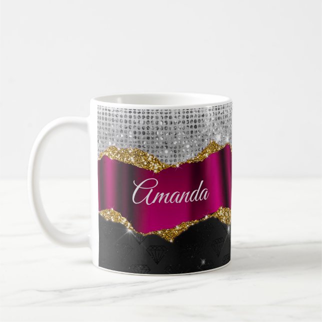 Taza De Café Moda purpurina falso de plata Fuchsia monograma ne (Izquierda)