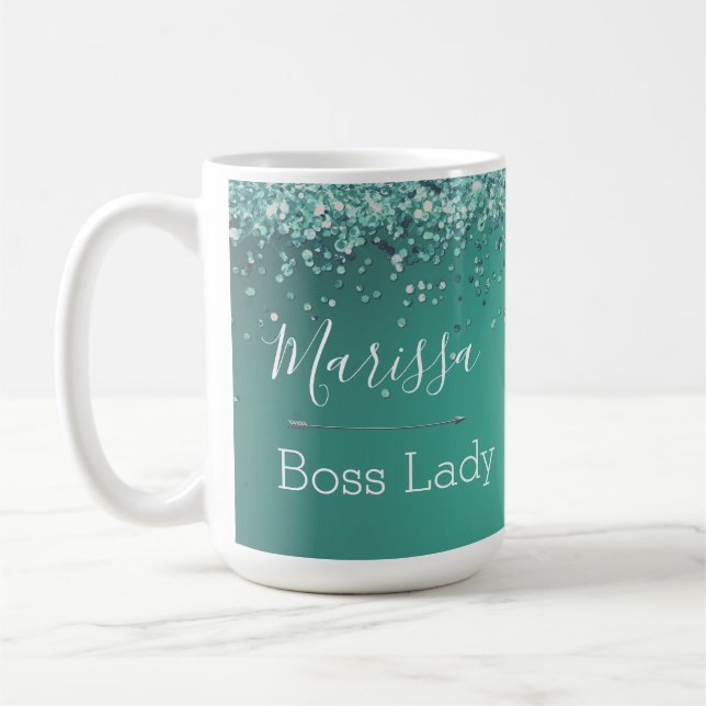 Taza De Café Moda Purpurinoso Turquesa Personalizada Jefe Lady (Izquierda)