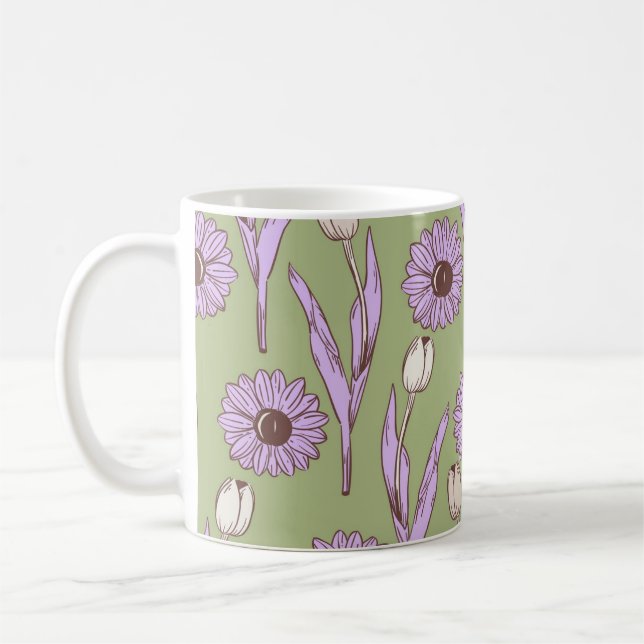 Taza De Café Moda Retro Flor verde morada Funky Y2K (Izquierda)
