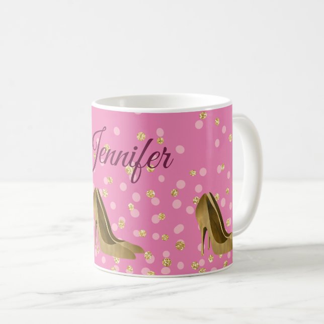 Taza De Café Moda Stilettos dorados rosados  (Anverso derecho)