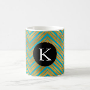 Taza De Café Moda Turquoise Aqua Blue Gold Chevron Monograma