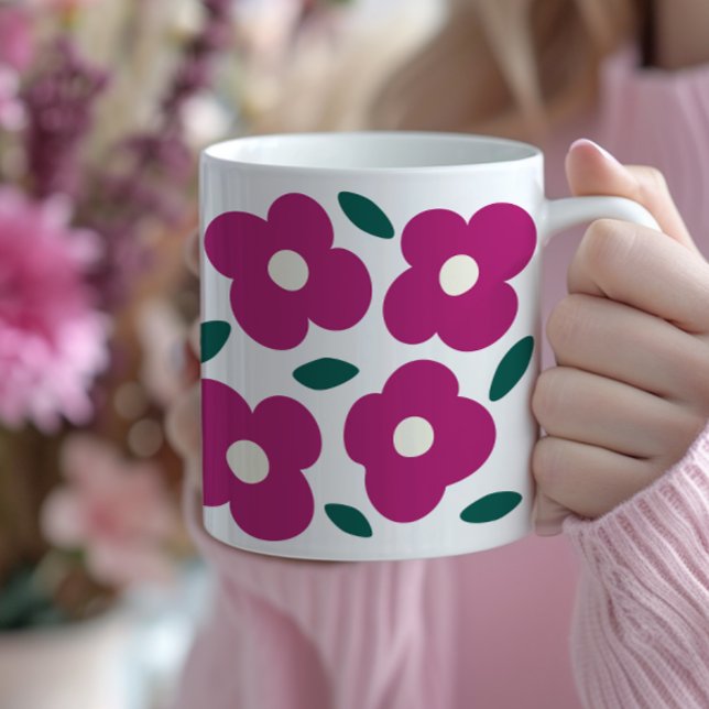 Taza De Café Modelo de flor retro de resumen magenta rosa (bold magenta abstract flower coffee mug, popping colors, large flowers)