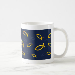 Taza De Café Modelo de Ichthus del oro en fondo de los azules