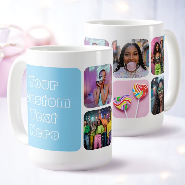 Taza De Café Modern 6 Custom Photo Text Besties Retro Blue (Subido por el creador)