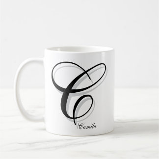 Taza De Café Modern Black C Monogram | Custom Name