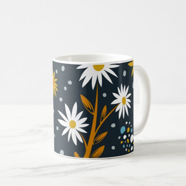 Taza De Café Modern Daisies Pattern on Dark Blue (Anverso derecho)