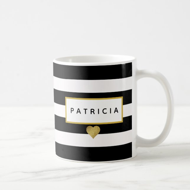 Taza De Café Modern Glam Black Stripes Metallic Gold Heart (Derecha)