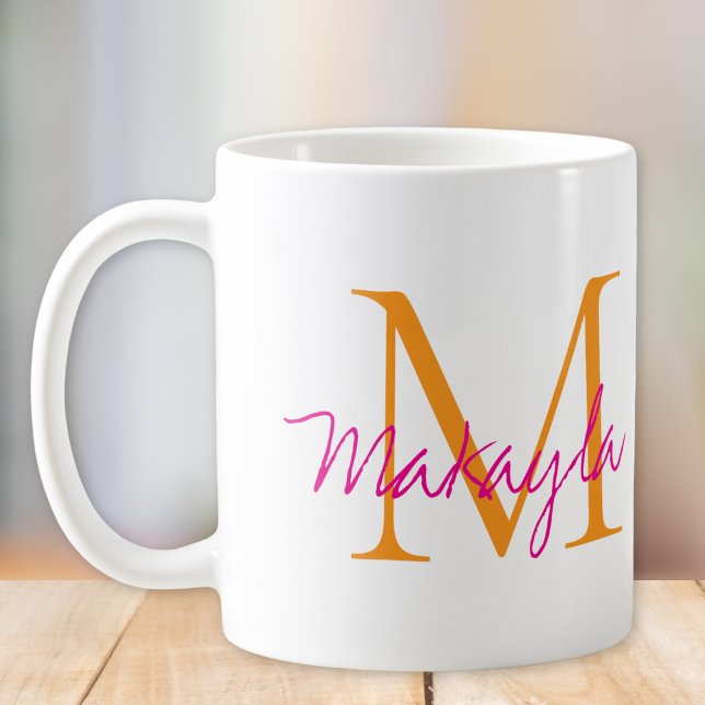 Taza De Café Modern Monogram Pink Script Name (Subido por el creador)