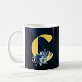 Taza De Café Modern Navy-Blue Floral Monogram Happy Birthday