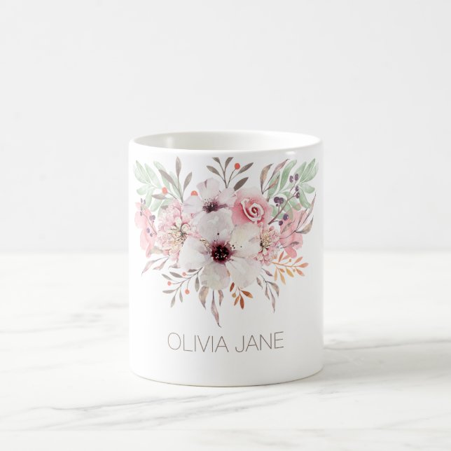 Taza De Café Moderna acuarela rosa Floral blanco Mug (Centro)
