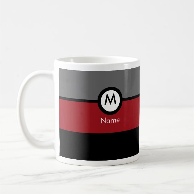 Taza de café moderna del monograma - negra, rojo, (Izquierda)