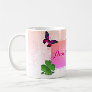 Taza De Café Moderna, elegante, mariposa rosa, trébol verde